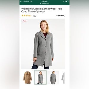 LL BEAN Three Quarter Length Wool Coat